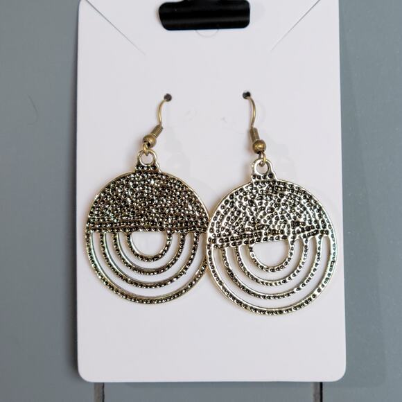 Gold Brass Tone Rainbow Dangle Earrings Textured Boho Drop Jewelry 2" - Picture 3 of 13